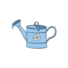 Blue watering can in hand drawn doodle style isolated on white background. Vector outline color illustration. Tools for working on farm, in dacha, country