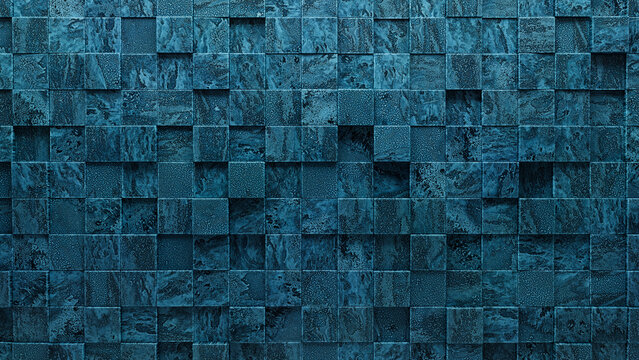 3D Tiles arranged to create a Square wall. Blue Patina, Polished Background formed from Textured blocks. 3D Render