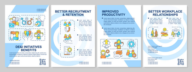 DEI initiatives benefits blue brochure template. Leaflet design with linear icons. Editable 4 vector layouts for presentation, annual reports. Arial-Black, Myriad Pro-Regular fonts used