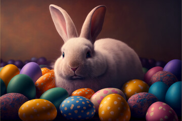 Fototapeta na wymiar Little cute Easter bunny with eggs Generative AI 