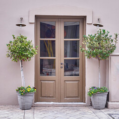 Fototapeta na wymiar Vintage double pale brown painted door and potted laurel plants by the sidewalk. Travel to Athens, Greece.
