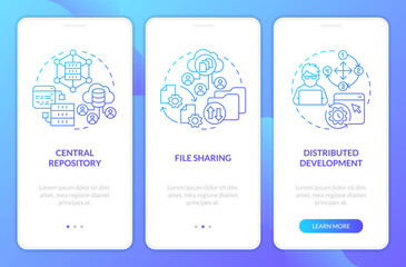 Version control advantages blue gradient onboarding mobile app screen. Walkthrough 3 steps graphic instructions with linear concepts. UI, UX, GUI template. Myriad Pro-Bold, Regular fonts used