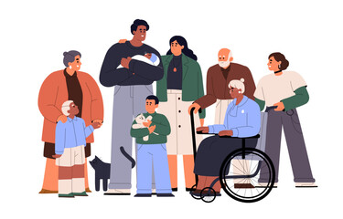 Big happy family portrait. Grandparents, parents, kids, different generations together. Multi-ethnic relatives, mother, father, children. Flat graphic vector illustration isolated on white background