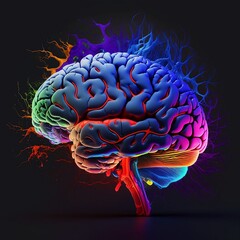 Colorful brain illustration isolated on black background - obrazy, fototapety, plakaty