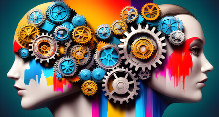 Multi-colored gears in the head of a person