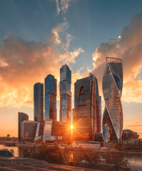 Business Center Moscow City on the background of the sun. Moscow International Business center. beautiful sunset.