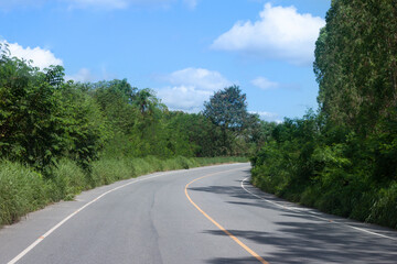 Fototapeta na wymiar Country asphalt road in Thailand. Two lane asphalt road that curves forward. Beside with trees and green grass. under the blue sky and white clouds.