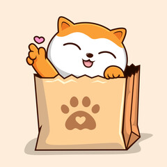 Cat in Paper Bag - Orange White Pussy Cat with Love Hand in Shopping Bag