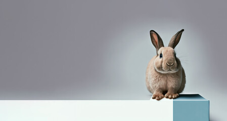 Easter card template: cute bunny is sitting in a carton box. Minimalistic background with pastel colors and lots of copy-space.