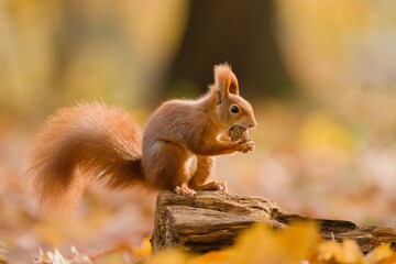Naklejka na ściany i meble Autumn scene with a cute european red squirrel. Sciurus vulgaris. A cute animal sitting on the stree stump.
