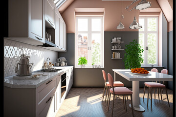 Super photo realistic kitchen interior design, generative ai background