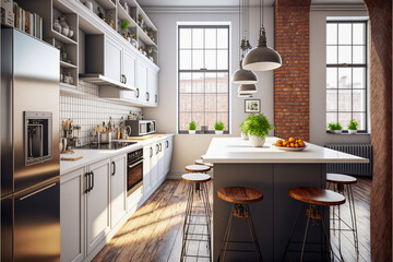 Super photo realistic kitchen interior design, generative ai background