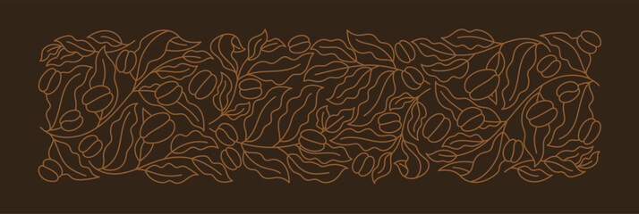 Coffee pack design background. Beans and leaves. Coffea plant pattern. Wrapping paper. Editable outline stroke. Vector line.