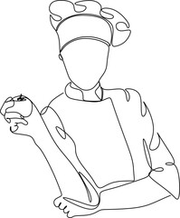 Continuous line drawing of chef, chef hats isolated on white background. Cooks hold a plate with space for food. One line chef vector