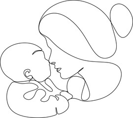 Abstract mother with a child in continuous one line drawing art style. Mother`s Day card. Woman hugging her baby. Happy motherhood concept. Modern vector illustration