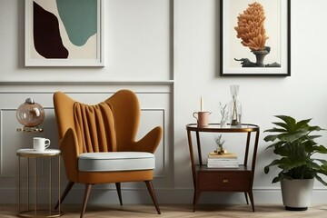 Stylish and modern cozy interior with retro vintage armchair and coffee-table and painting on the white wall.