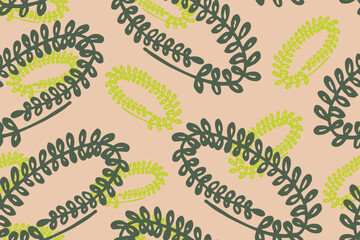 Seamless Pattern, Green Twigs with leaves on a pink background. Vector illustration.