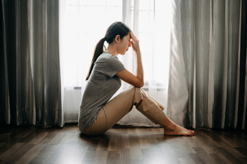 woman sit Depression Dark haired  pensive glance Standing by window and anxiety Copy space. ..