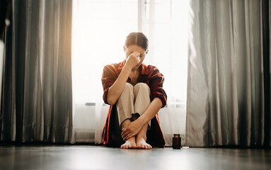 woman sit Depression Dark haired  pensive glance Standing by window and anxiety Copy space. ..