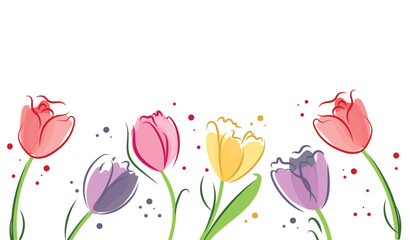 Collection of hand drawn graphic tulips. Floral clip art elements. Branches, leaves and buds. Vector set of childish drawings. Flowers tulips in outlines.Flower isolated on white background.