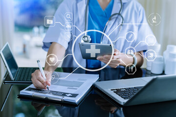health care business graph data and growth, Medical examination and doctor analyzing medical report network connection on tablet screen. .