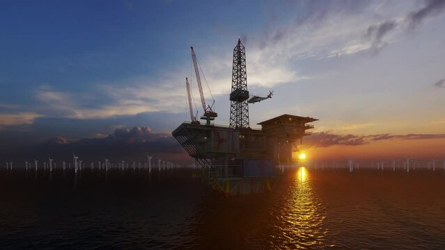Oil Rig with Helicopter flying and Offshore Wind Turbines against Sunrise, tilt 4k