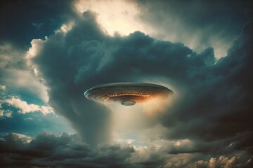 Naklejka na ściany i meble Mysterious UFO in the sky. Light beam from unknown flying object. AI