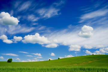 Fototapeta premium Beautiful green meadow with blue sky, clean environment background. Generative ai
