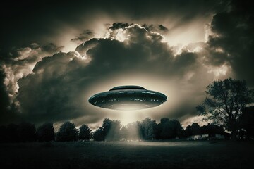Naklejka na ściany i meble Mysterious UFO in the sky. Light beam from unknown flying object. AI