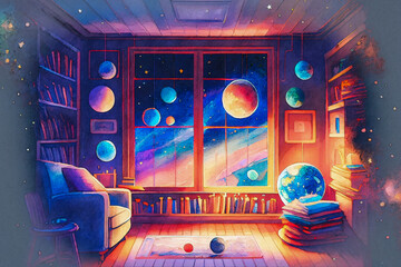 Fantasy astronomer room, astronomer kids room interior, illustration