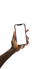 Fototapeta na wymiar closeup of an African American Hand holding smartphone iphone 14 with blank screen and modern frameless design - isolated on Transparent background - Clipping Path PNG Mockup 