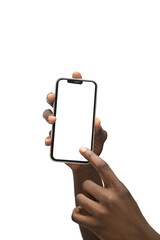 African American Hand using a  smartphone iphone 14 with blank screen and modern frameless design ...