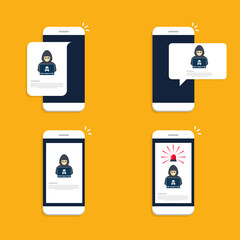 Hacker, malware notification on mobile phone. Smartphone with hacker alert, spam data on cellphone fraud error message, scam, virus.	