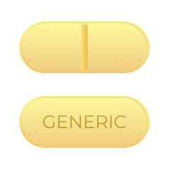 Realistic yellow generic medical tablet or pill capsules vector illustration in rounded corners rectangle shape, in trendy flat 3d design style. Editable graphic resources for many purposes.