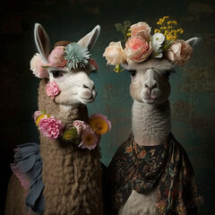 Close-up of two alpacas wearing flowers