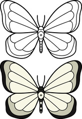 Hand drawn butterflies. Set of two butterflies,linear and colored.Vector illustration doodle style. Coloring.
