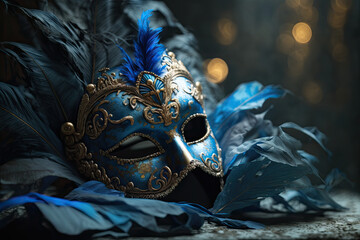 Venetian mask blue with feathers for mardi gras, generative ai
