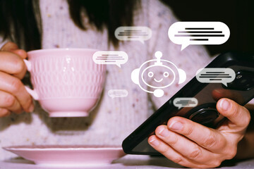  Chat bot service and future marketing concept Customer using online service with chat bot on smartphone.