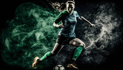 Female soccer player kicking the ball in dynamic pose