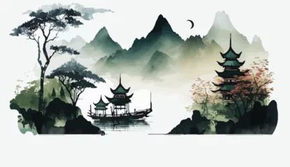 Rollo Lake and mountain landscape in chinese style background. Lake and mountain landscape in chinese style background. © Zaleman