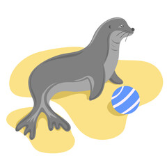 Funny Seal playing a ball. Marine dweller. Concept of sea and ocean life. Vector illustration