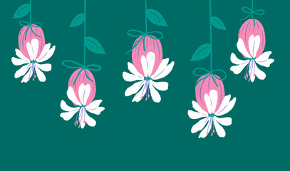 Garland of pink flowers on a green background