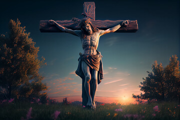 illustration of Resurrection of Jesus Christian cross appears bright in the sky background. AI