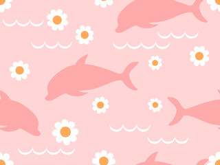Seamless pattern with dolphin cartoons and daisy flower pink background vector illustration.