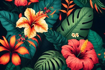 Tropical background with exotic flowers and leaves. illustration. 