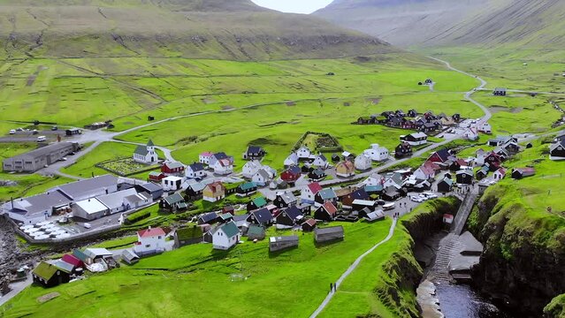 Aerial view of Gjogv village in Faroe Islands.