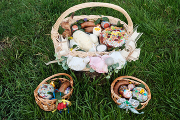 Ukrainian Easter basket filled with traditional festive dishes.