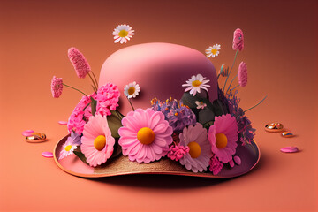 illustration of pink hat with blooming flowers . ai