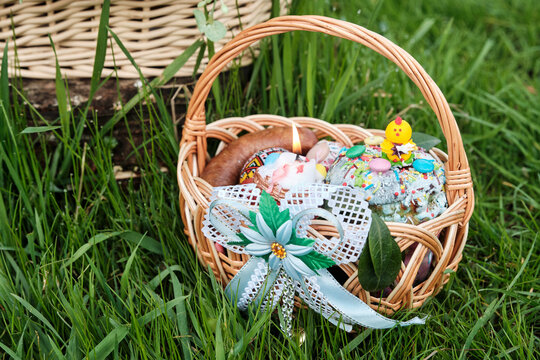 Ukrainian Easter basket filled with traditional festive dishes.