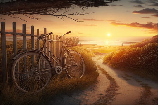 beautiful landscape image with Bicycle at sunset background. Generative AI